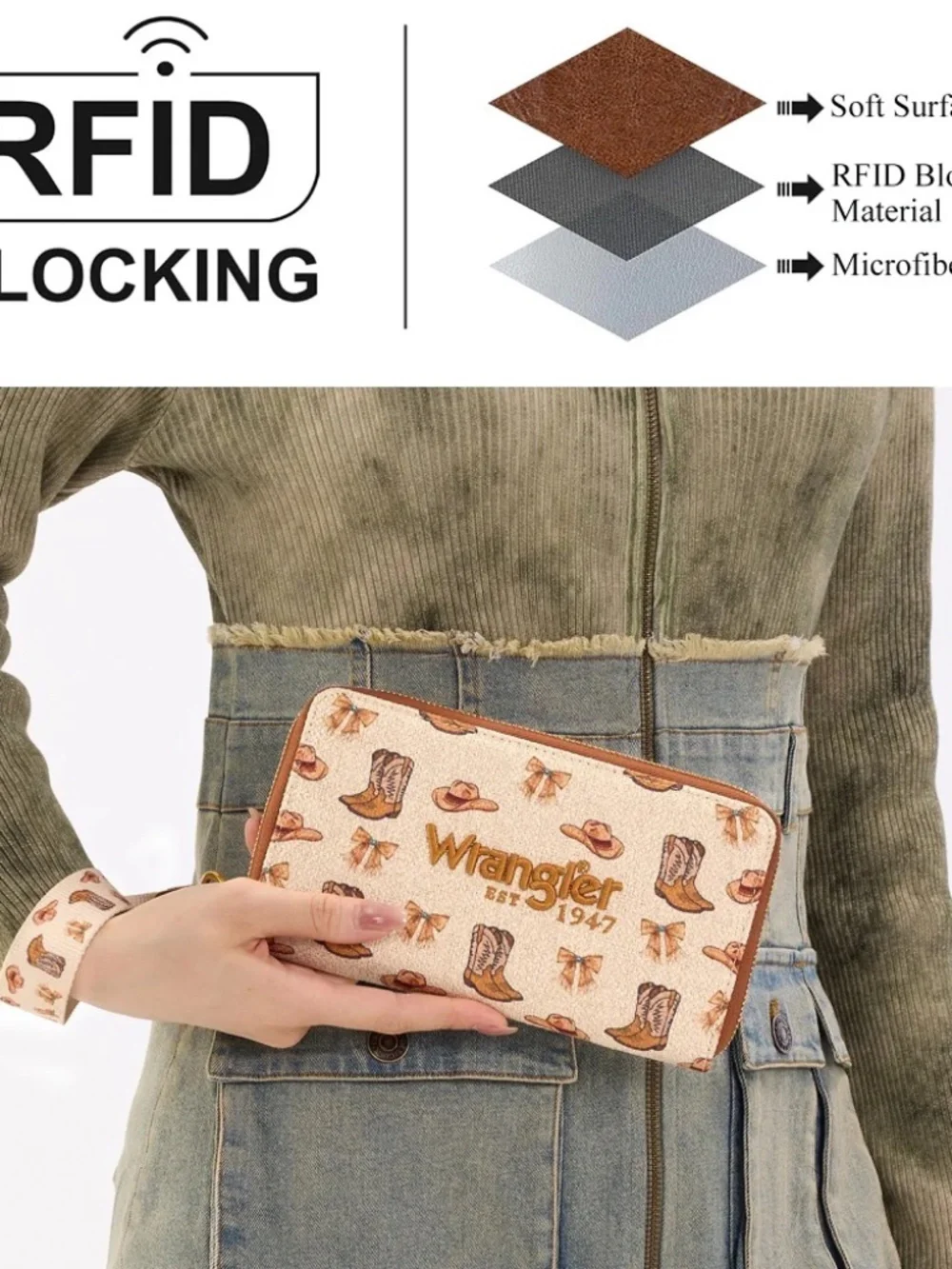 Wrangler Western Print RFID Blocking Zippered Wallet Tan